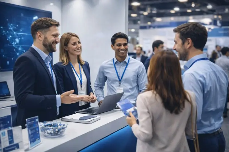 equipo de Estampados Medellín atendiendo visitantes en su stand de conferencia